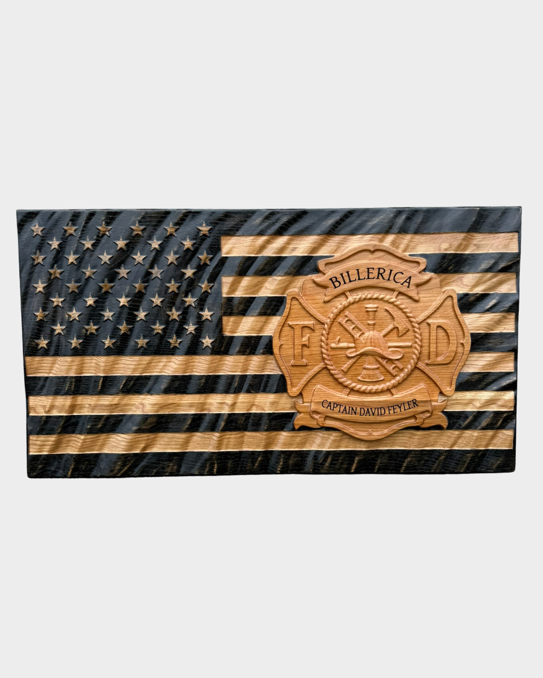 Wood American Flag with Firefighter Maltese Cross