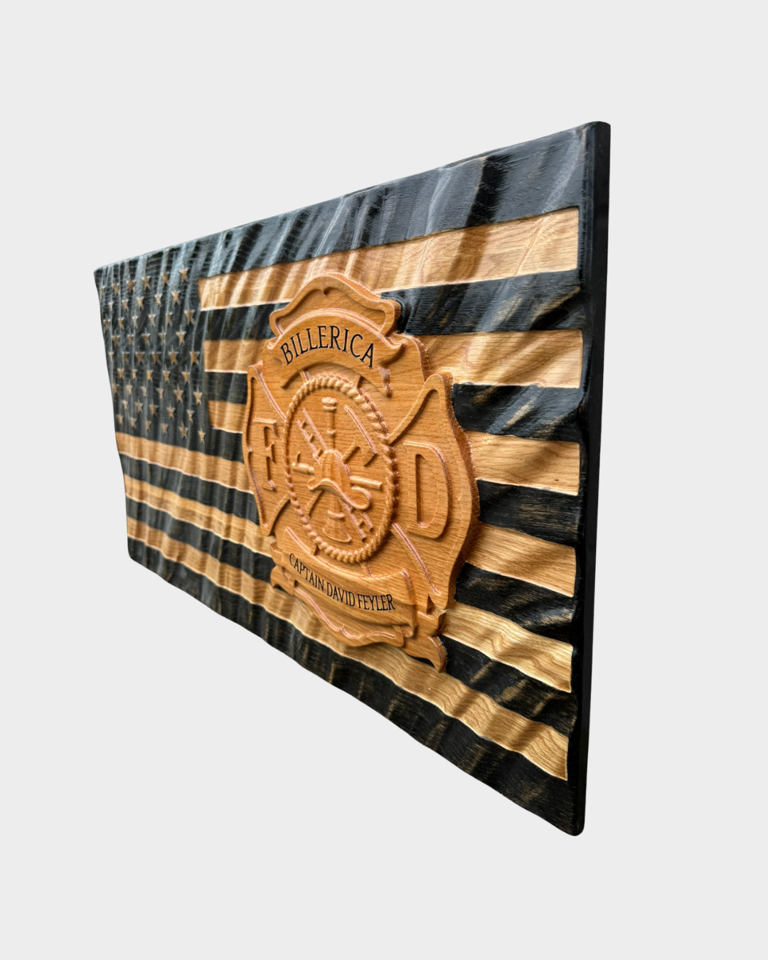 Wood American Flag with Firefighter Maltese Cross