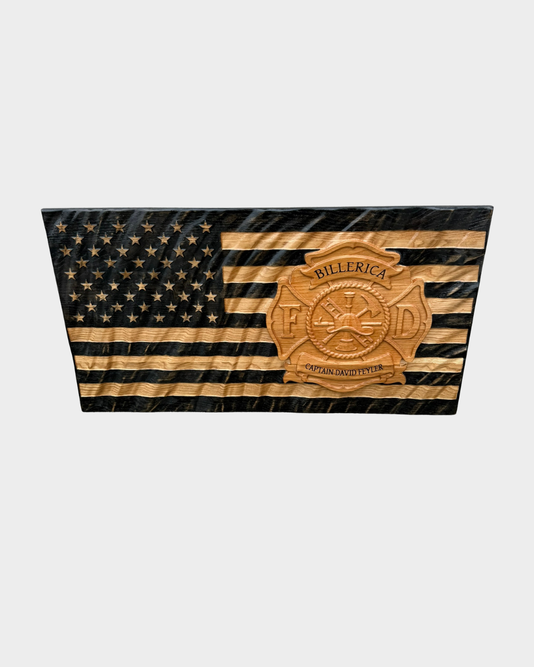 Wood American Flag with Firefighter Maltese Cross